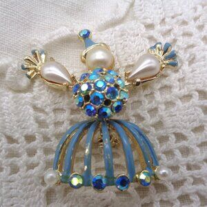 Vintage Clown Brooch Blue Enamel AB Rhinestones & Faux Pearl